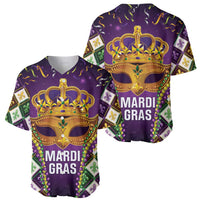 Purple Mardi Gras baseball jersey set with jeweled crown mask and 'MARDI GRAS' text