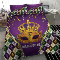 Purple king bedding set with gold Mardi Gras mask, bead garland edge, and fleur-de-lis diamond borders