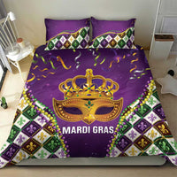 Purple king bedding set with gold crown mask center, bead trim sides, and fleur-de-lis diamond panel