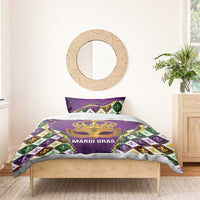 Purple king bedding set with gold crown mask, “MARDI GRAS” text, and fleur-de-lis diamond border