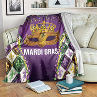 Purple Mardi Gras throw blanket with gold mask and bead garland print