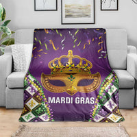 Purple Mardi Gras throw blanket with gold crown mask, MARDI GRAS text, fleur motifs