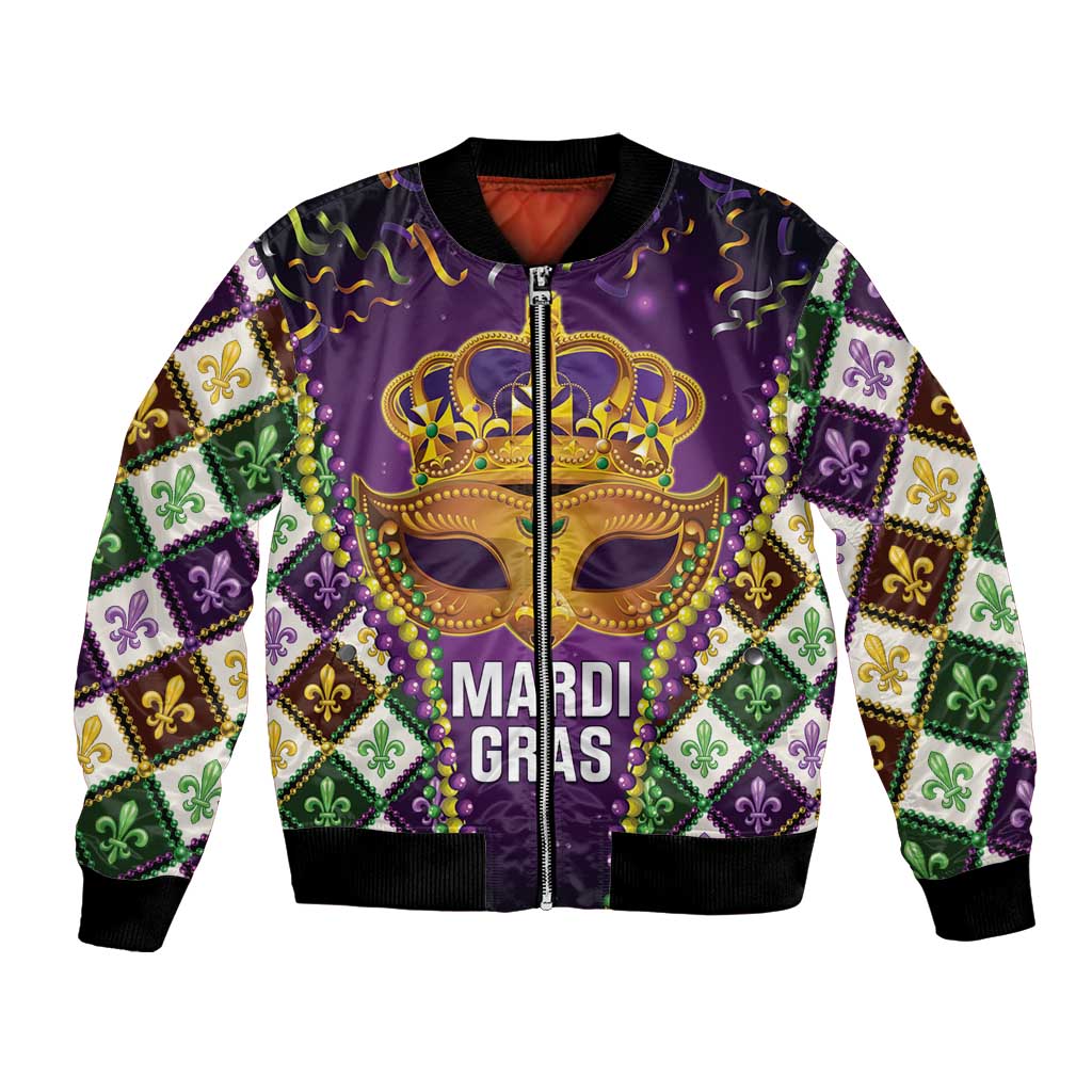 Purple Mardi Gras bomber jacket with gold crown mask, bead trim, fleur-de-lis pattern