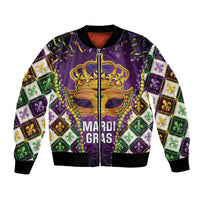 Purple Mardi Gras bomber jacket with gold crown mask, bead trim, fleur-de-lis pattern