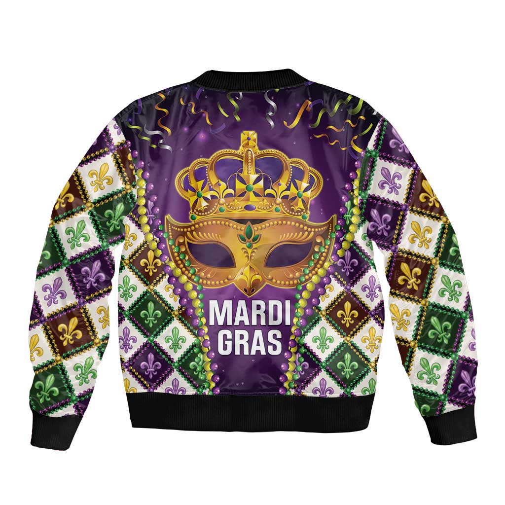 Purple Mardi Gras bomber jacket, zip front, MARDI GRAS text, gold crown mask and beads