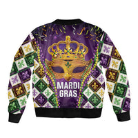 Purple Mardi Gras bomber jacket, zip front, MARDI GRAS text, gold crown mask and beads