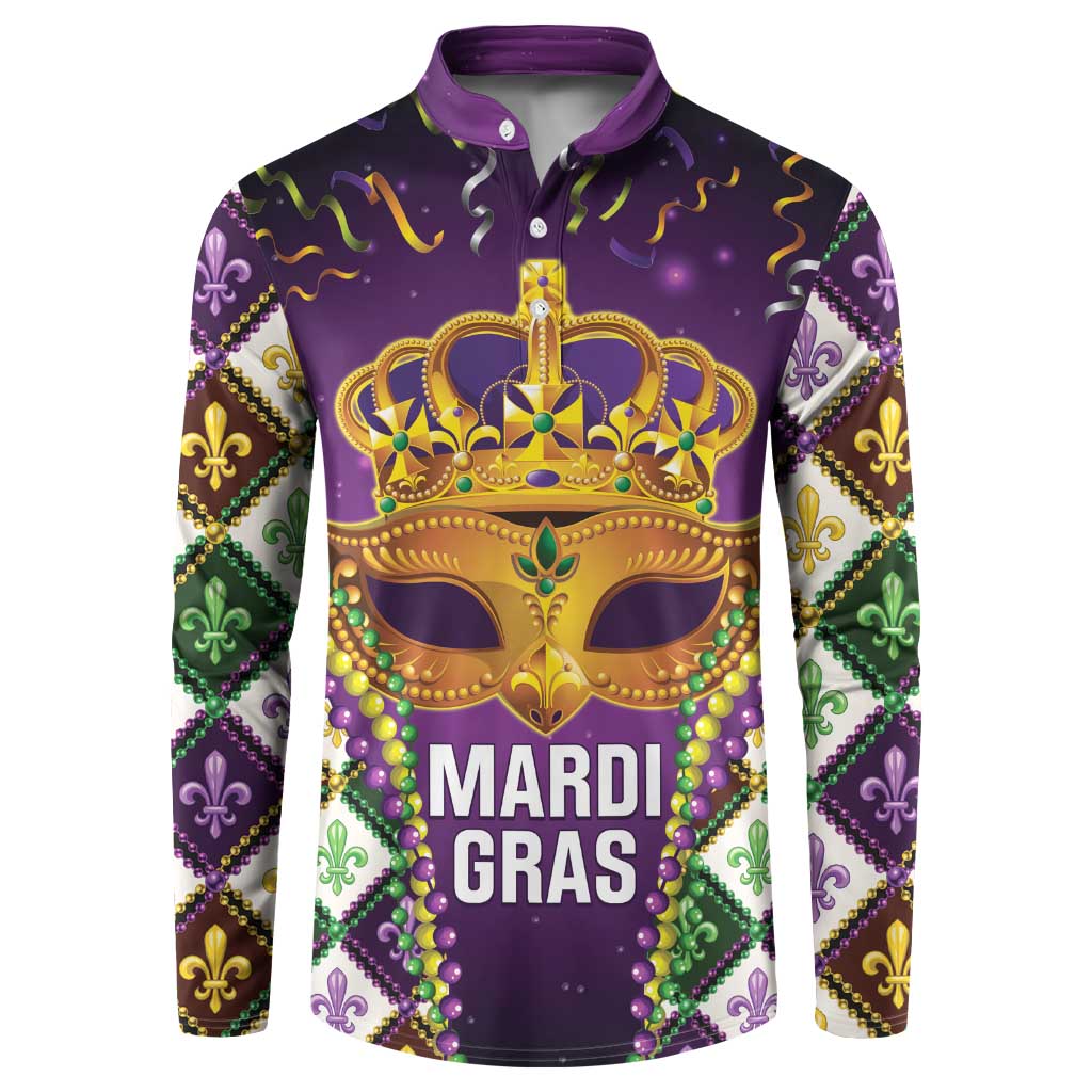 Purple Mardi Gras button sweatshirt with ornate crown mask graphic, Mardi Gras text, beads