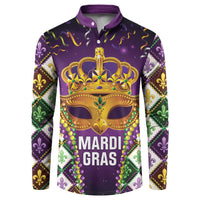Purple Mardi Gras button sweatshirt with ornate crown mask graphic, Mardi Gras text, beads