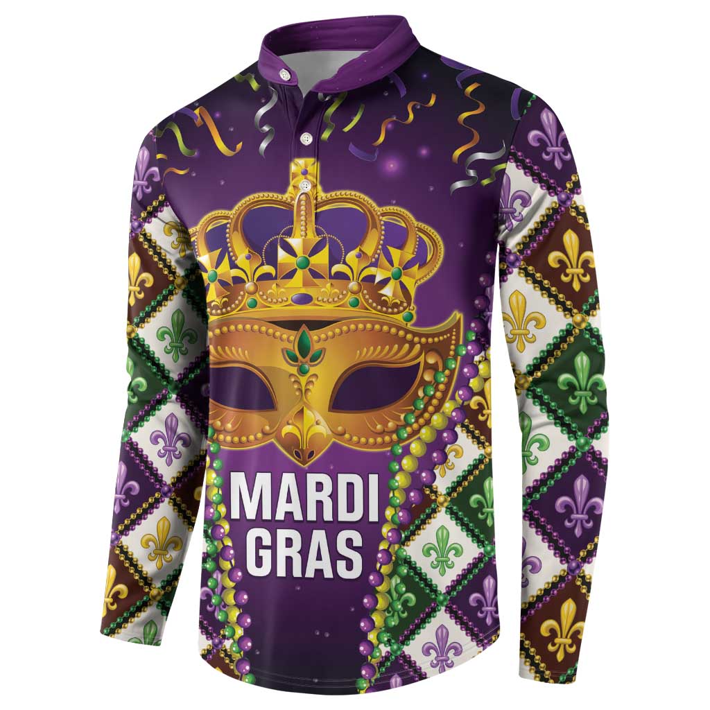 Purple Mardi Gras button sweatshirt with crown mask graphic, Mardi Gras text, fleur de lis
