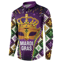 Purple Mardi Gras button sweatshirt with crown mask graphic, Mardi Gras text, fleur de lis