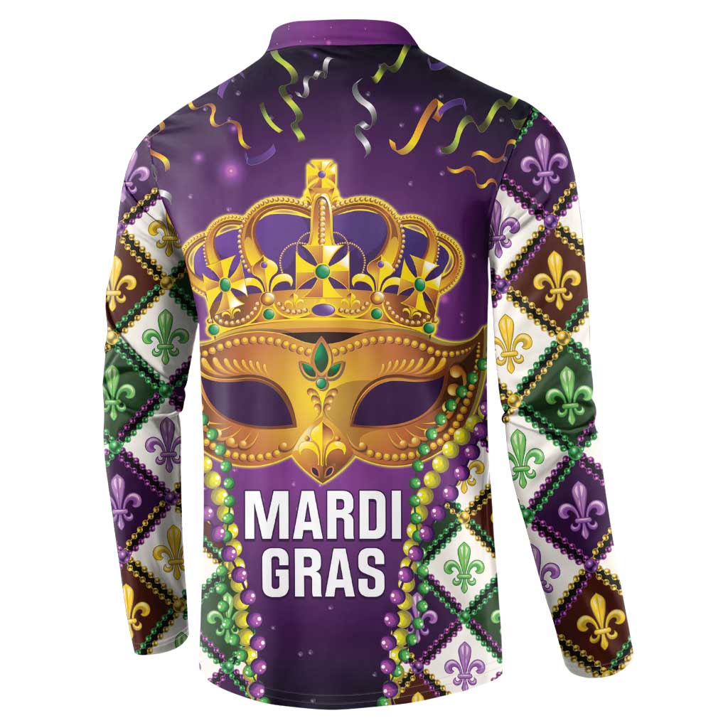Purple Mardi Gras button sweatshirt back with crown mask graphic and Mardi Gras text