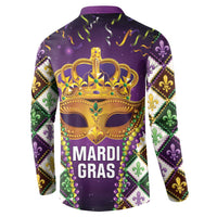 Purple Mardi Gras button sweatshirt back with crown mask graphic and Mardi Gras text