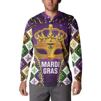 Purple Mardi Gras button sweatshirt with crown mask graphic, Mardi Gras text, fleur de lis