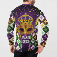 Purple Mardi Gras button sweatshirt back with crown mask graphic, beads, fleur de lis
