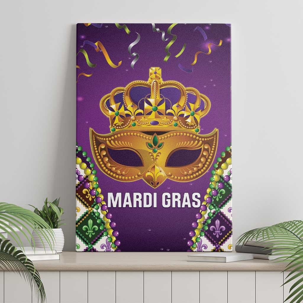 Purple Mardi Gras canvas wall art with gold crown mask and “MARDI GRAS” lettering