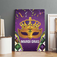 Purple Mardi Gras canvas wall art with gold crown mask, green fleur-de-lis corners, “MARDI GRAS”