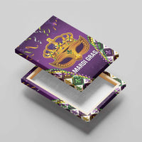 Purple Mardi Gras canvas wall art print with gold crown mask and green bead accents