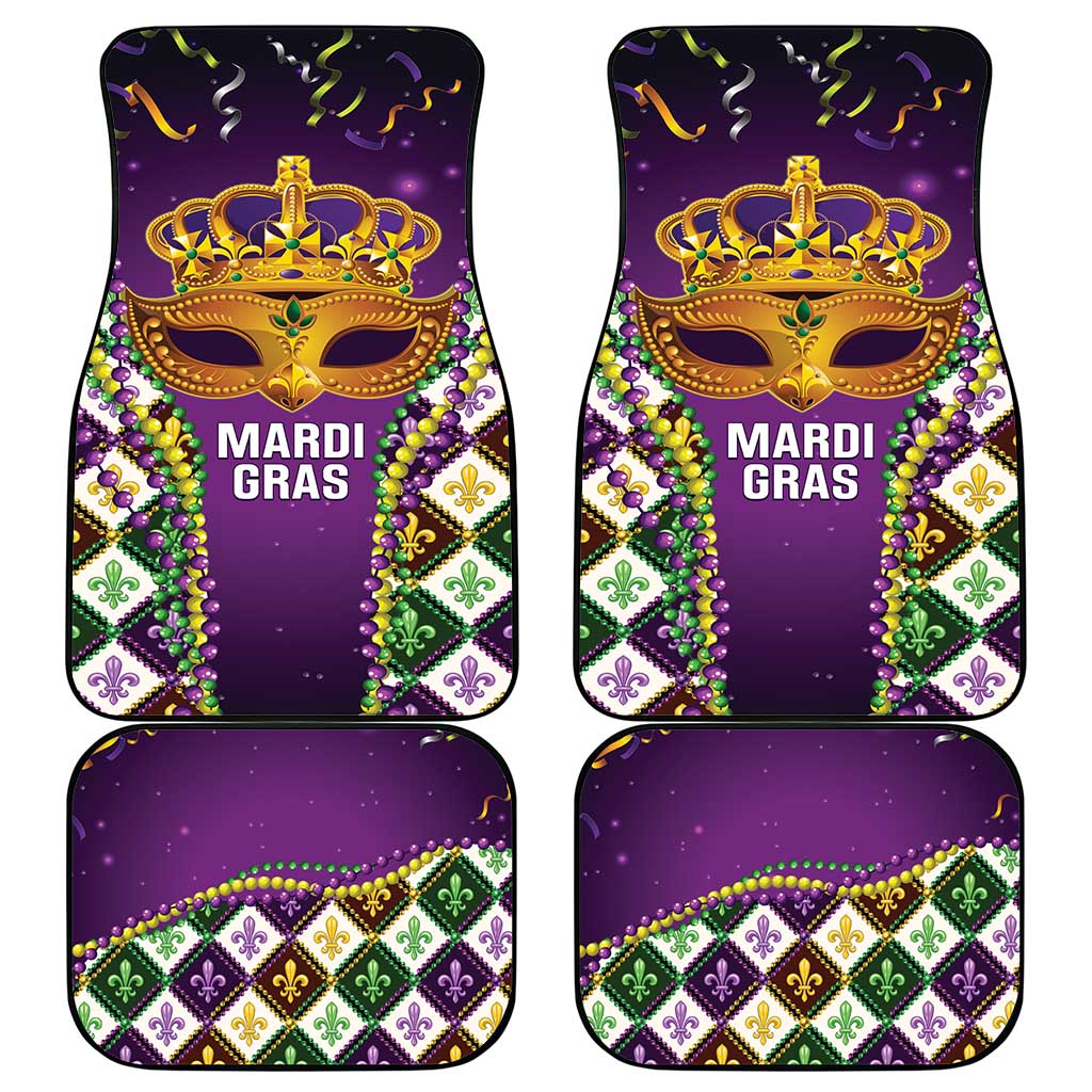 Set of purple Mardi Gras car mats with gold crown, "MARDI GRAS" text, bead trim