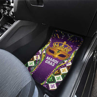 Purple Mardi Gras car floor mat with gold mask crown, bead border, fleur-de-lis corners