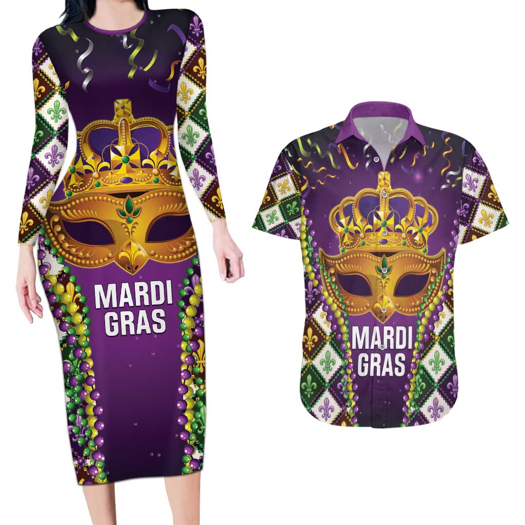 King Mask Mardi Gras Couples Matching Long Sleeve Bodycon Dress and Hawaiian Shirt Let's Party Beadeds With Fleur De Lis - Wonder Print Shop