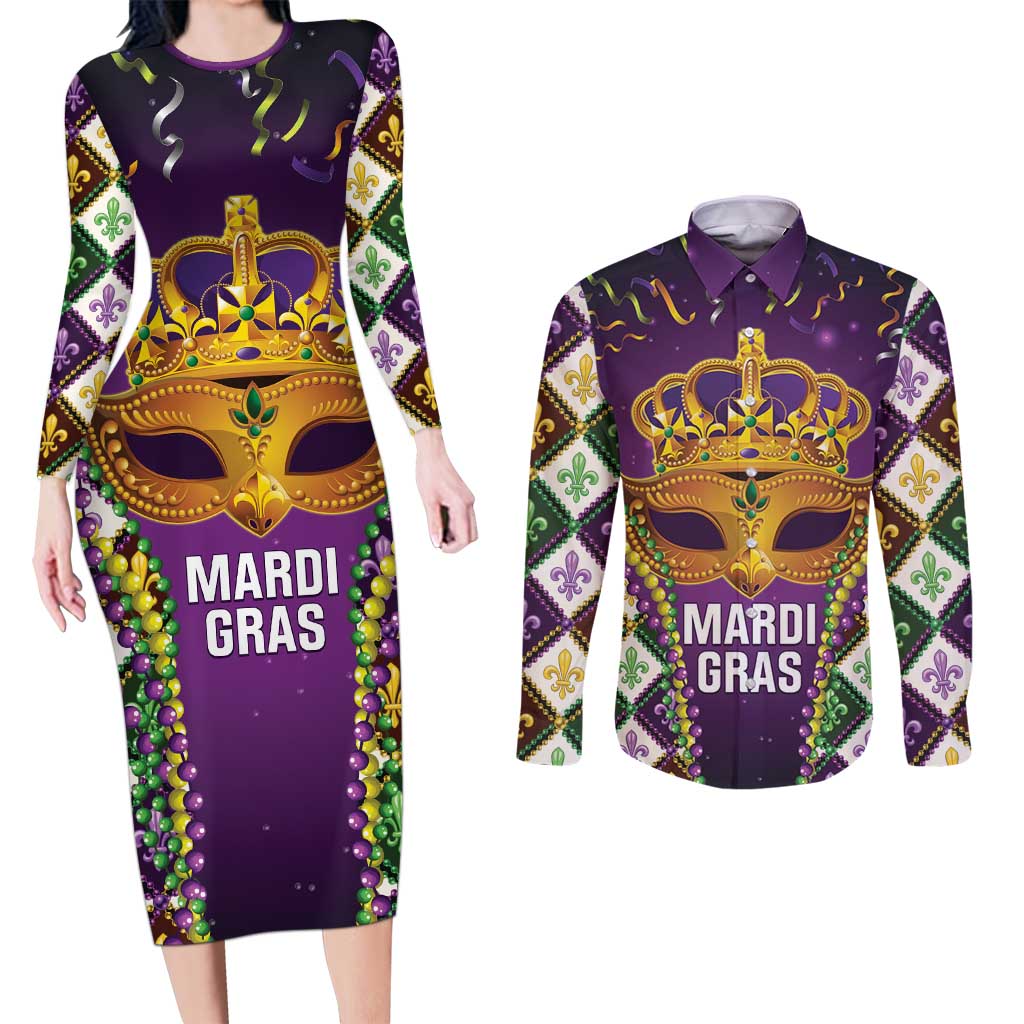 King Mask Mardi Gras Couples Matching Long Sleeve Bodycon Dress and Long Sleeve Button Shirt Let's Party Beadeds With Fleur De Lis - Wonder Print Shop