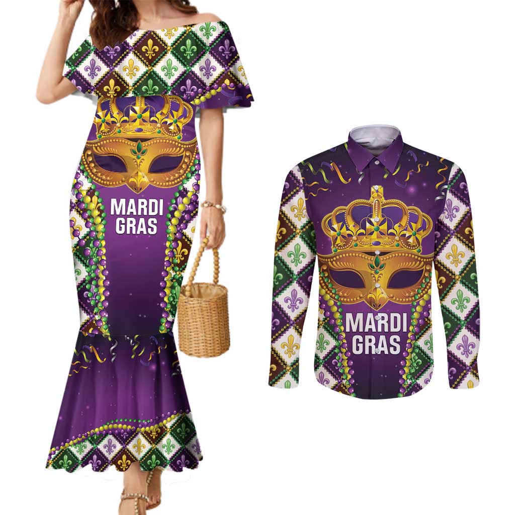 King Mask Mardi Gras Couples Matching Mermaid Dress and Long Sleeve Button Shirt Let's Party Beadeds With Fleur De Lis