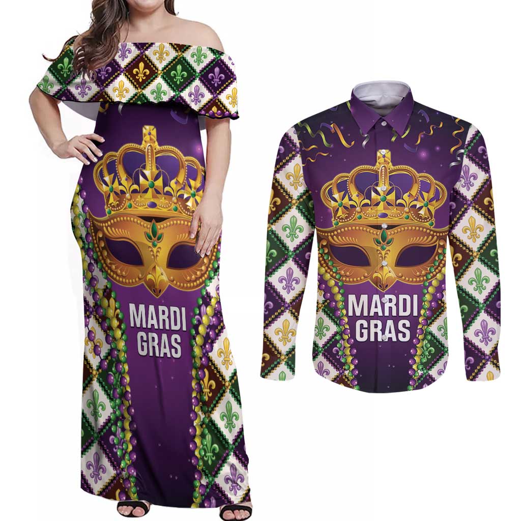 King Mask Mardi Gras Couples Matching Off Shoulder Maxi Dress and Long Sleeve Button Shirt Let's Party Beadeds With Fleur De Lis - Wonder Print Shop