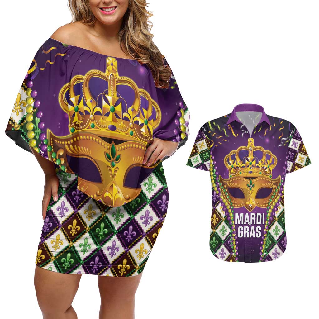 King Mask Mardi Gras Couples Matching Off Shoulder Short Dress and Hawaiian Shirt Let's Party Beadeds With Fleur De Lis - Wonder Print Shop