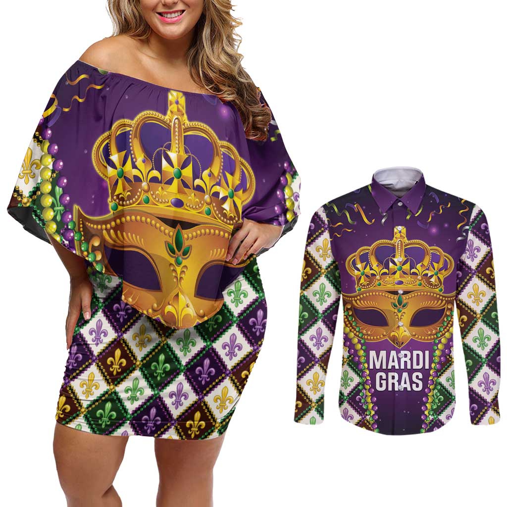 King Mask Mardi Gras Couples Matching Off Shoulder Short Dress and Long Sleeve Button Shirt Let's Party Beadeds With Fleur De Lis - Wonder Print Shop