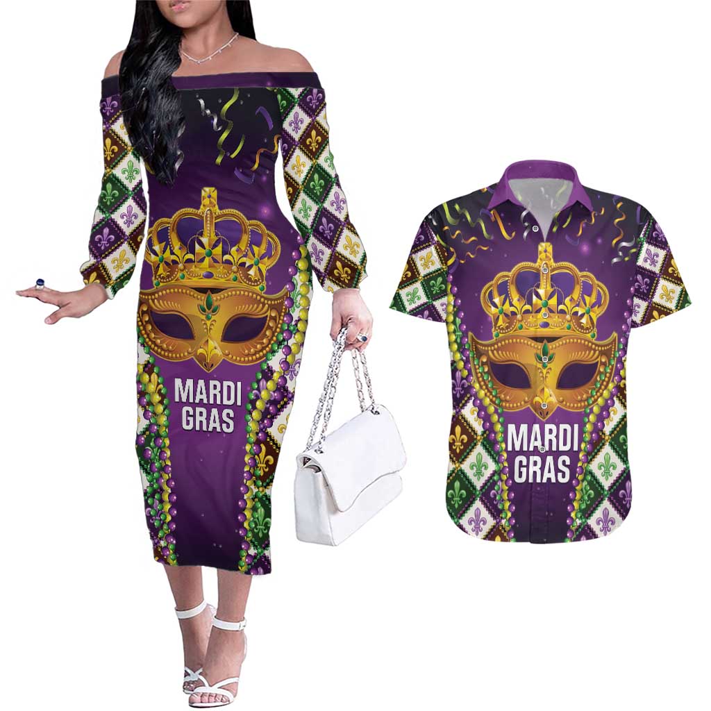 King Mask Mardi Gras Couples Matching Off The Shoulder Long Sleeve Dress and Hawaiian Shirt Let's Party Beadeds With Fleur De Lis - Wonder Print Shop