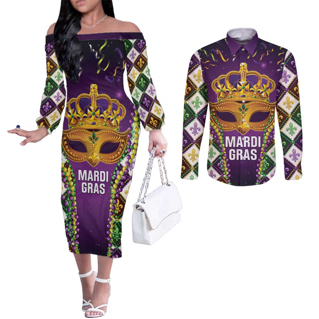 King Mask Mardi Gras Couples Matching Off The Shoulder Long Sleeve Dress and Long Sleeve Button Shirt Let's Party Beadeds With Fleur De Lis