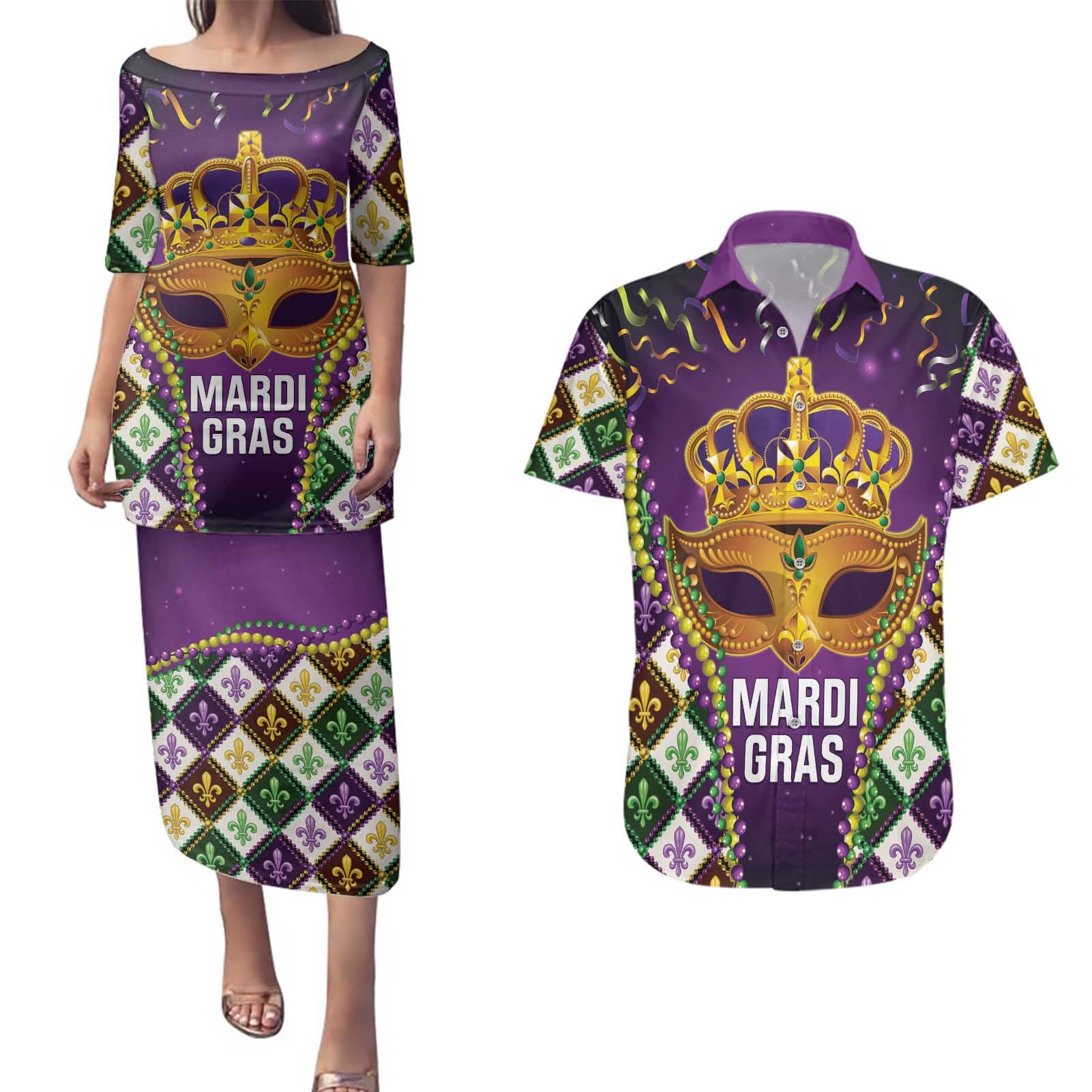 King Mask Mardi Gras Couples Matching Puletasi and Hawaiian Shirt Let's Party Beadeds With Fleur De Lis - Wonder Print Shop