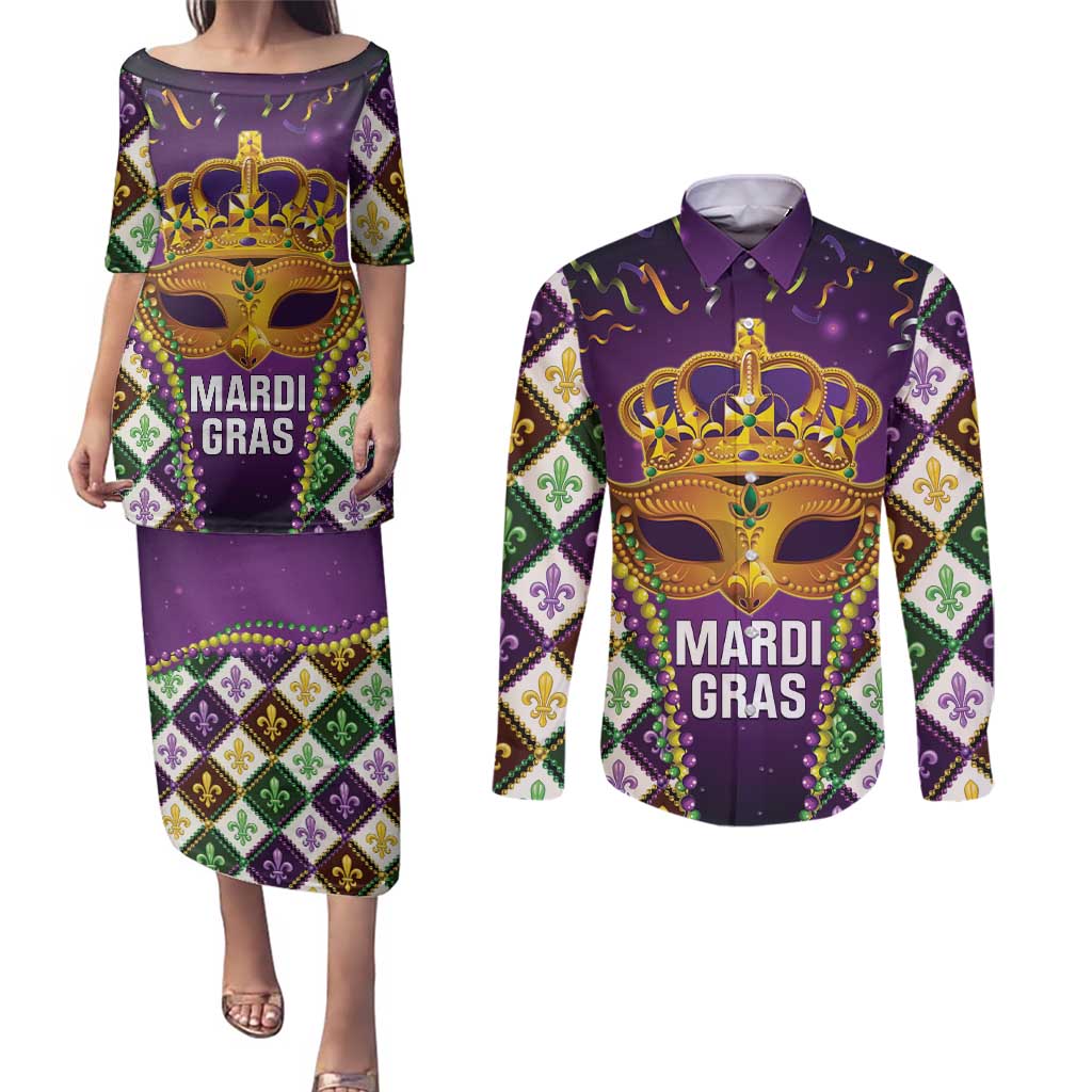 King Mask Mardi Gras Couples Matching Puletasi and Long Sleeve Button Shirt Let's Party Beadeds With Fleur De Lis - Wonder Print Shop