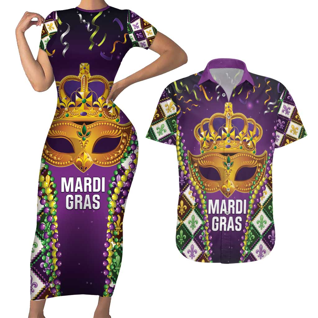 King Mask Mardi Gras Couples Matching Short Sleeve Bodycon Dress and Hawaiian Shirt Let's Party Beadeds With Fleur De Lis - Wonder Print Shop