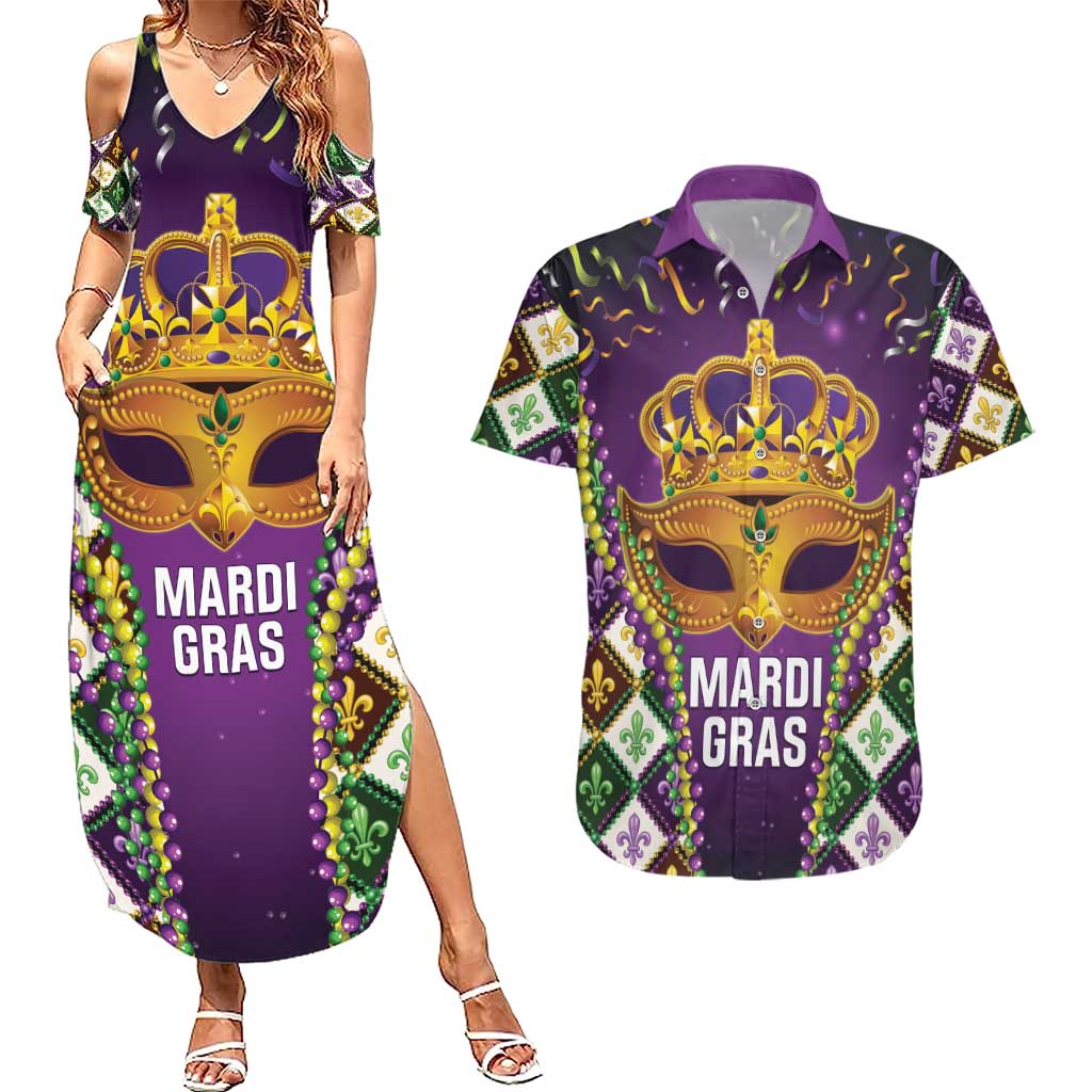 King Mask Mardi Gras Couples Matching Summer Maxi Dress and Hawaiian Shirt Let's Party Beadeds With Fleur De Lis - Wonder Print Shop