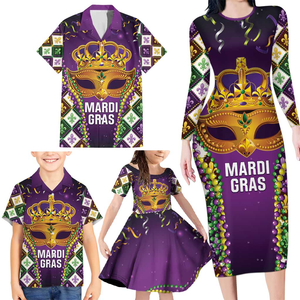 King Mask Mardi Gras Family Matching Long Sleeve Bodycon Dress and Hawaiian Shirt Let's Party Beadeds With Fleur De Lis - Wonder Print Shop