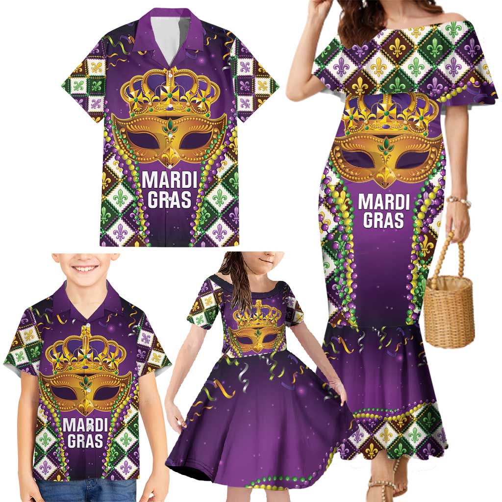 King Mask Mardi Gras Family Matching Mermaid Dress and Hawaiian Shirt Let's Party Beadeds With Fleur De Lis - Wonder Print Shop