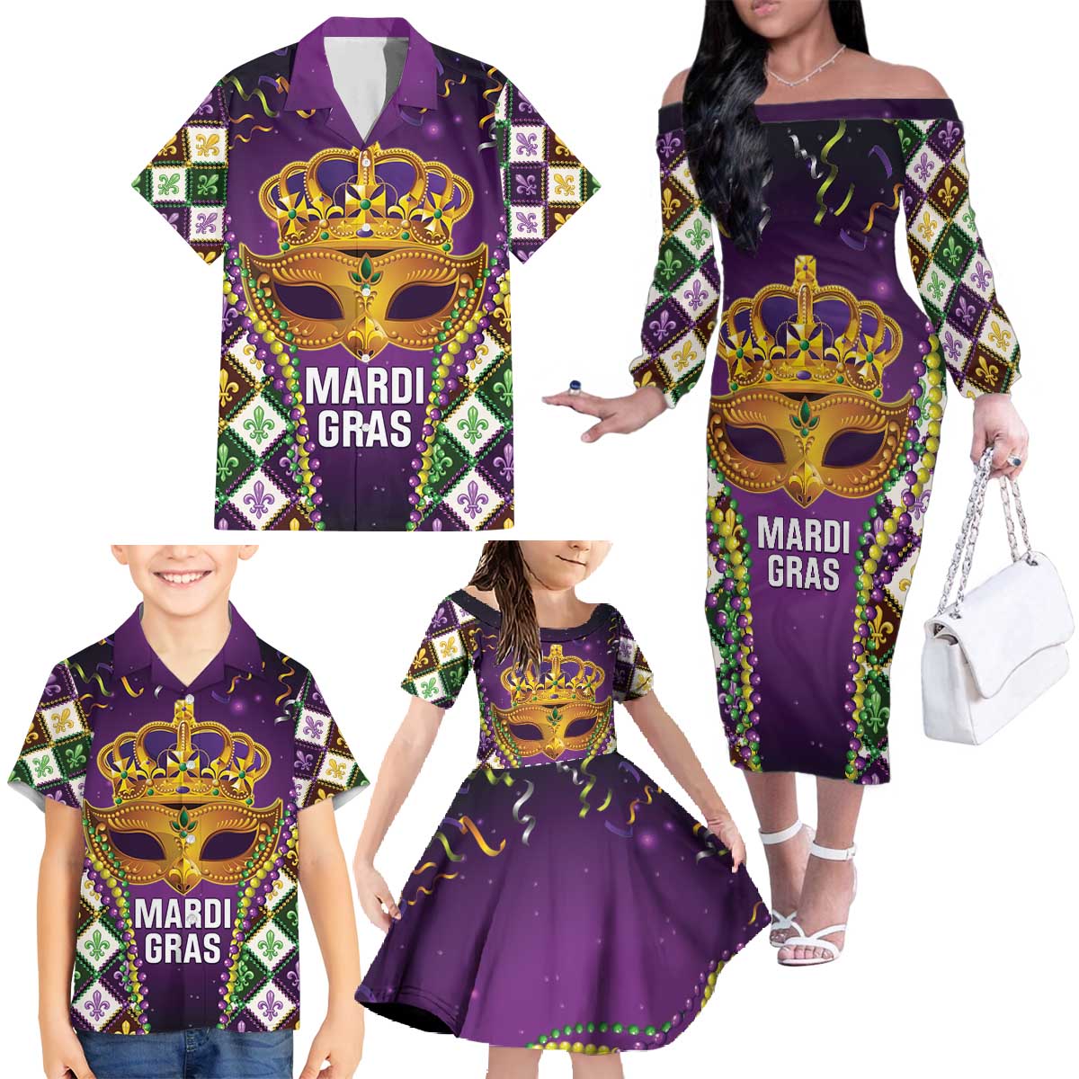 King Mask Mardi Gras Family Matching Off The Shoulder Long Sleeve Dress and Hawaiian Shirt Let's Party Beadeds With Fleur De Lis - Wonder Print Shop