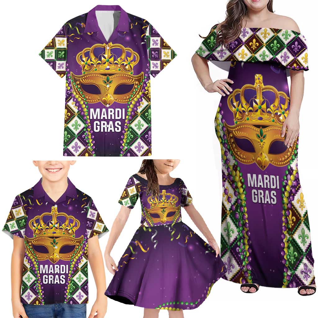 King Mask Mardi Gras Family Matching Off Shoulder Maxi Dress and Hawaiian Shirt Let's Party Beadeds With Fleur De Lis - Wonder Print Shop