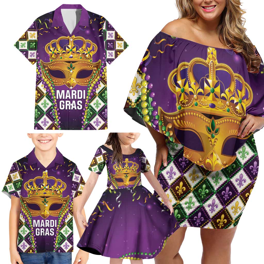 King Mask Mardi Gras Family Matching Off Shoulder Short Dress and Hawaiian Shirt Let's Party Beadeds With Fleur De Lis - Wonder Print Shop