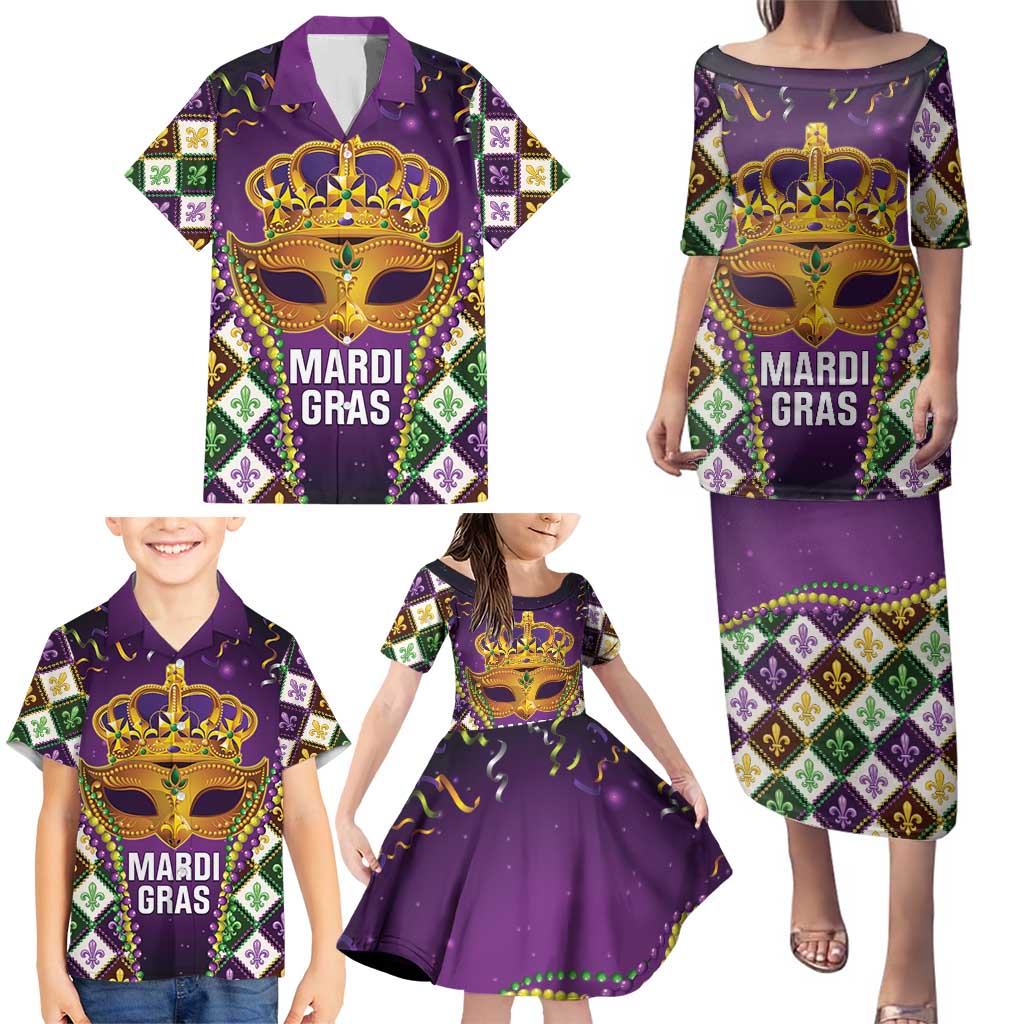 King Mask Mardi Gras Family Matching Puletasi and Hawaiian Shirt Let's Party Beadeds With Fleur De Lis - Wonder Print Shop