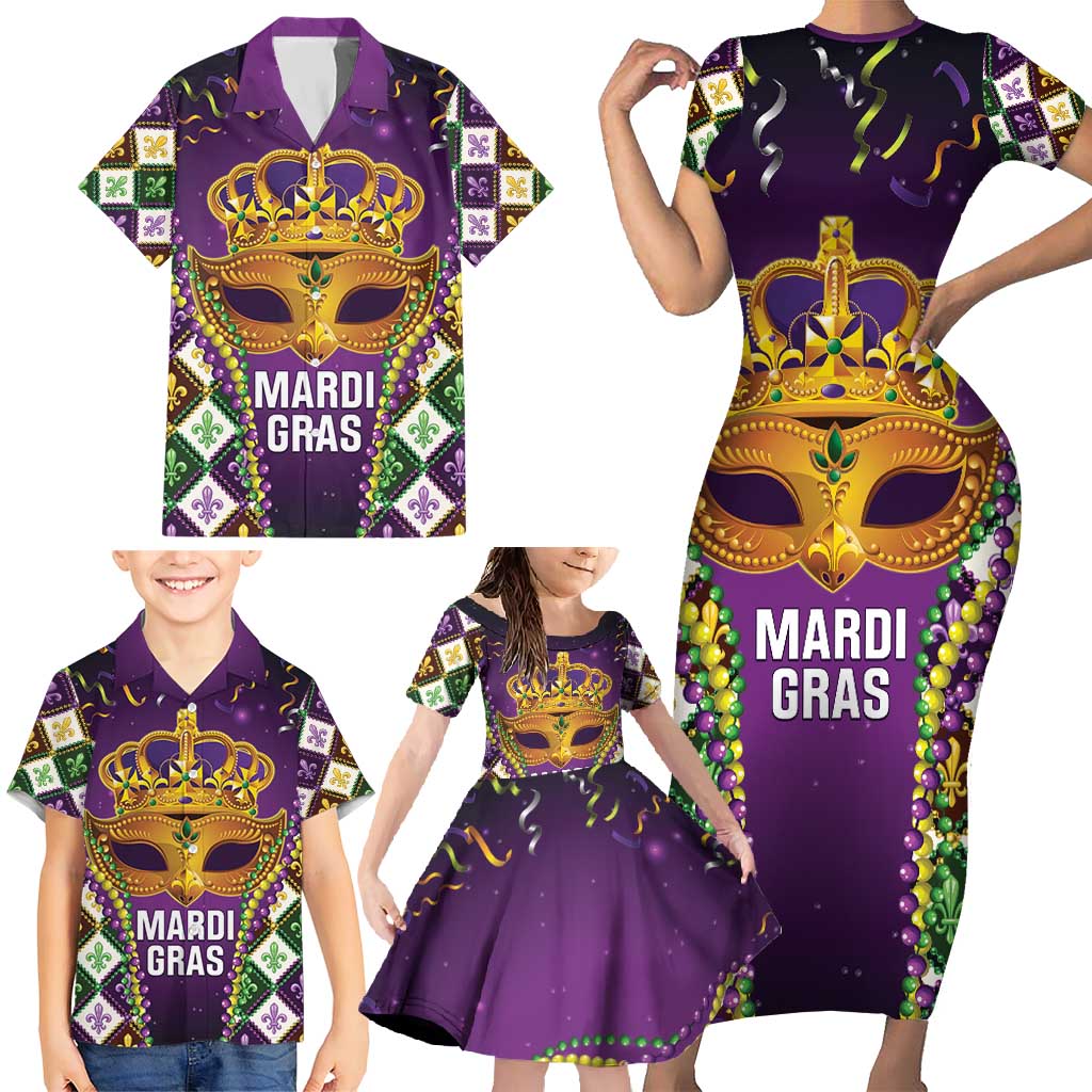 King Mask Mardi Gras Family Matching Short Sleeve Bodycon Dress and Hawaiian Shirt Let's Party Beadeds With Fleur De Lis - Wonder Print Shop