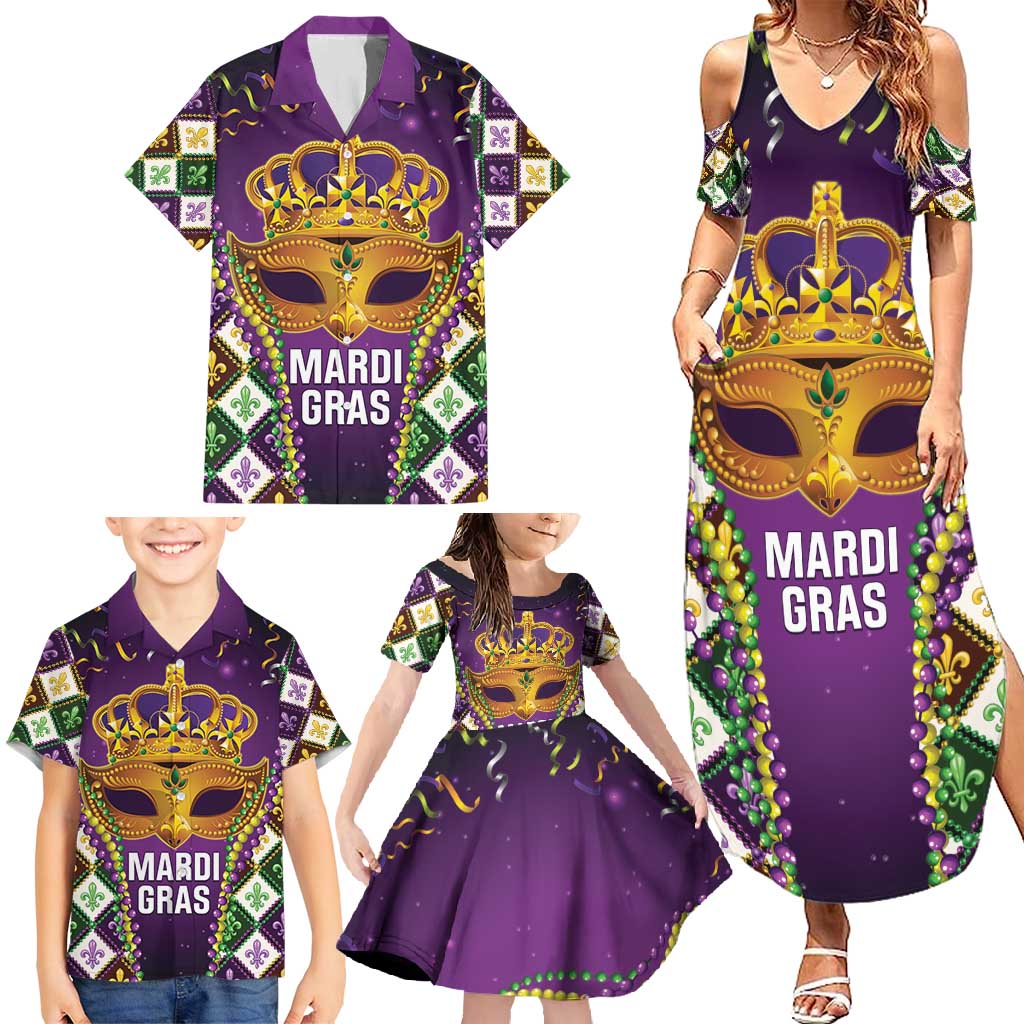 King Mask Mardi Gras Family Matching Summer Maxi Dress and Hawaiian Shirt Let's Party Beadeds With Fleur De Lis - Wonder Print Shop