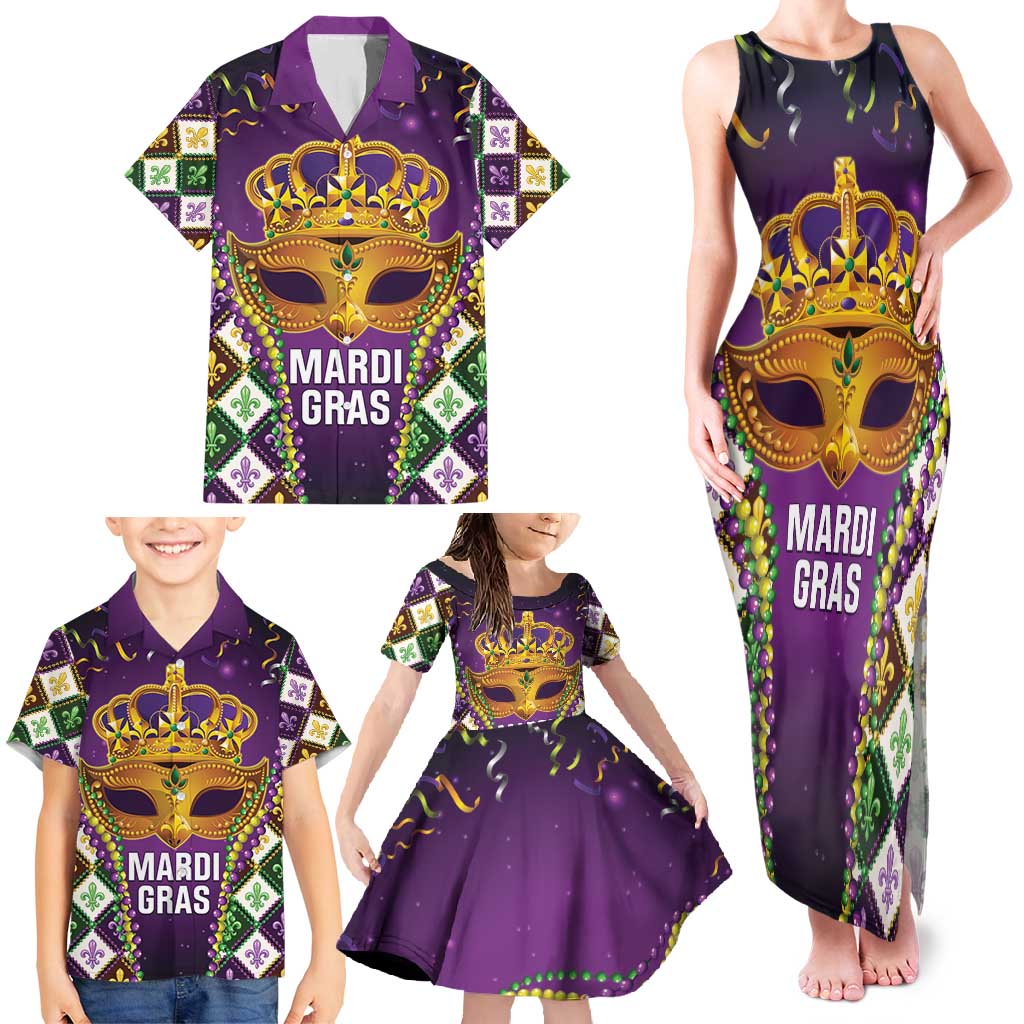 King Mask Mardi Gras Family Matching Tank Maxi Dress and Hawaiian Shirt Let's Party Beadeds With Fleur De Lis - Wonder Print Shop