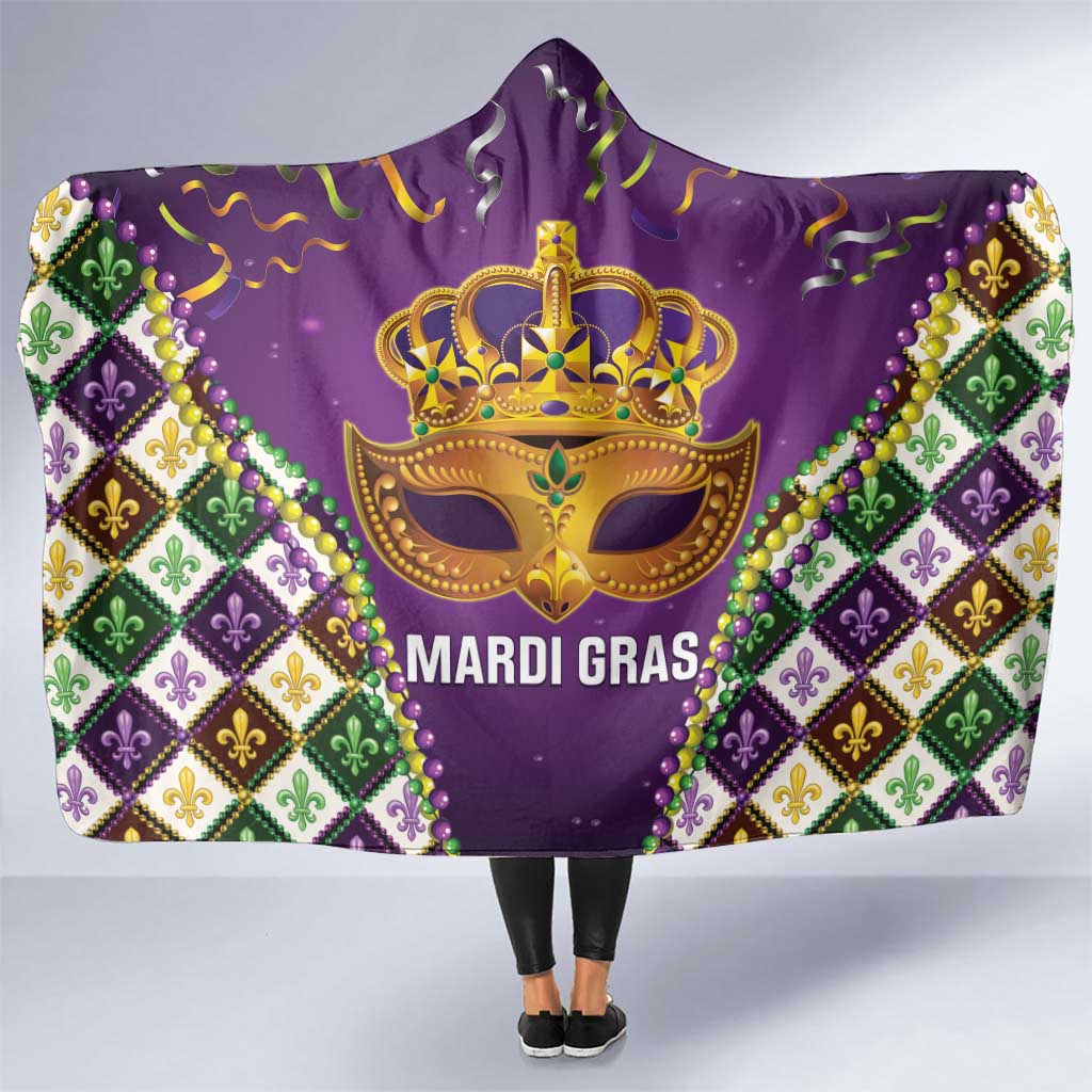 King Mask Mardi Gras Hooded Blanket Let's Party Beadeds With Fleur De Lis