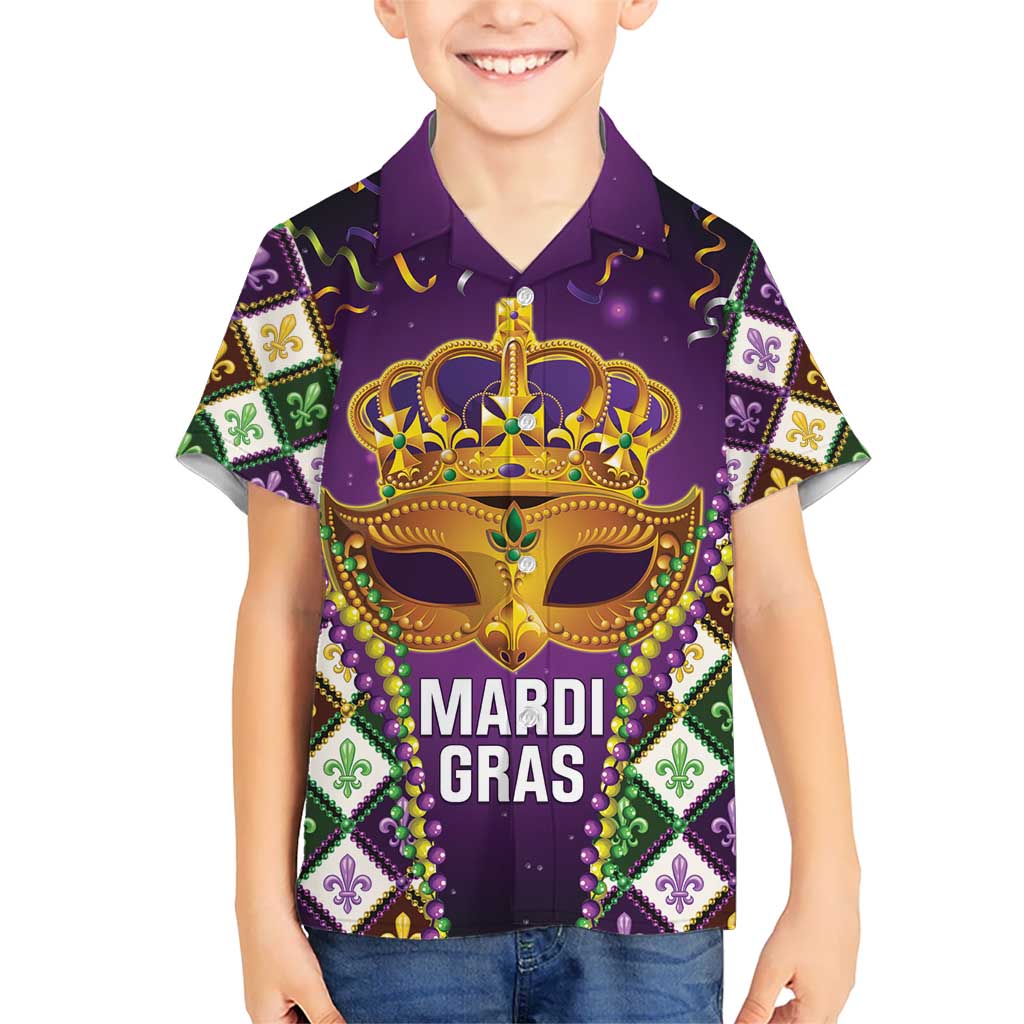 King Mask Mardi Gras Kid Hawaiian Shirt Let's Party Beadeds With Fleur De Lis - Wonder Print Shop