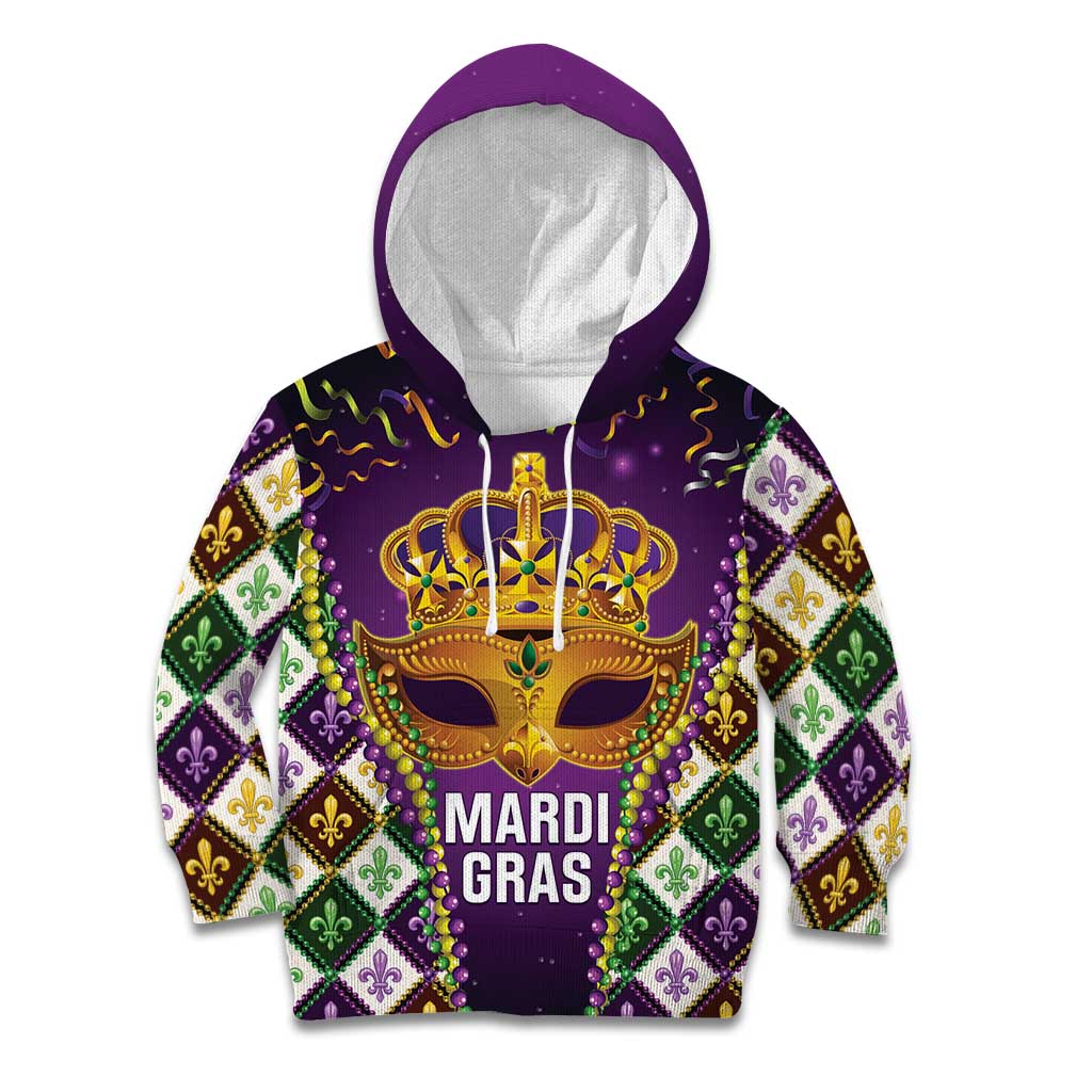 King Mask Mardi Gras Kid Hoodie Let's Party Beadeds With Fleur De Lis - Wonder Print Shop