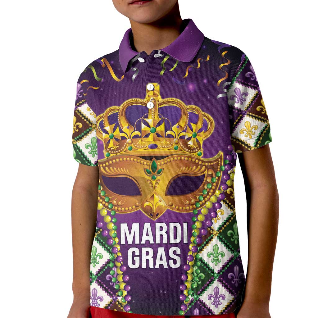 King Mask Mardi Gras Kid Polo Shirt Let's Party Beadeds With Fleur De Lis - Wonder Print Shop