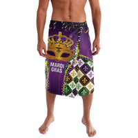 Purple Mardi Gras sarong-style shorts with MARDI GRAS text, fleur-de-lis print