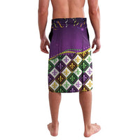 Purple Mardi Gras sarong-style shorts with fleur-de-lis diamond pattern, elastic waistband